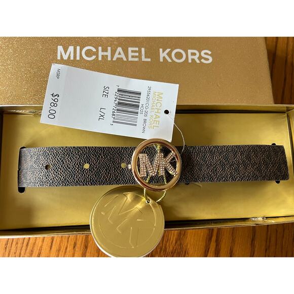 Michael Kors Brown Belt with MK Rhinestone initials on Buckle, Women\'s L-XL  NWT
